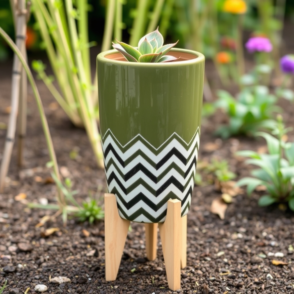 Aspen Chevron Plant Pot with Wooden Stand - Olive