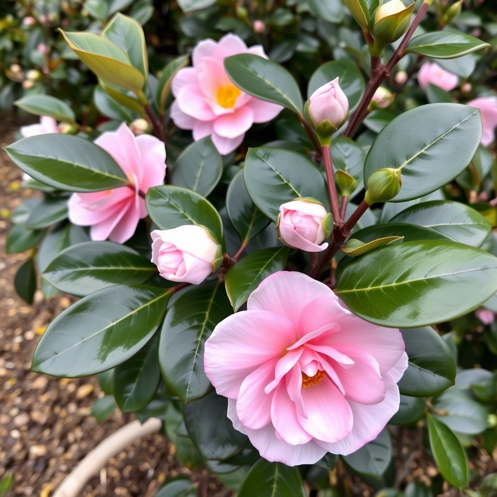 Camellia Japonica Pink in Evergreen Shrub with Winter Flowers