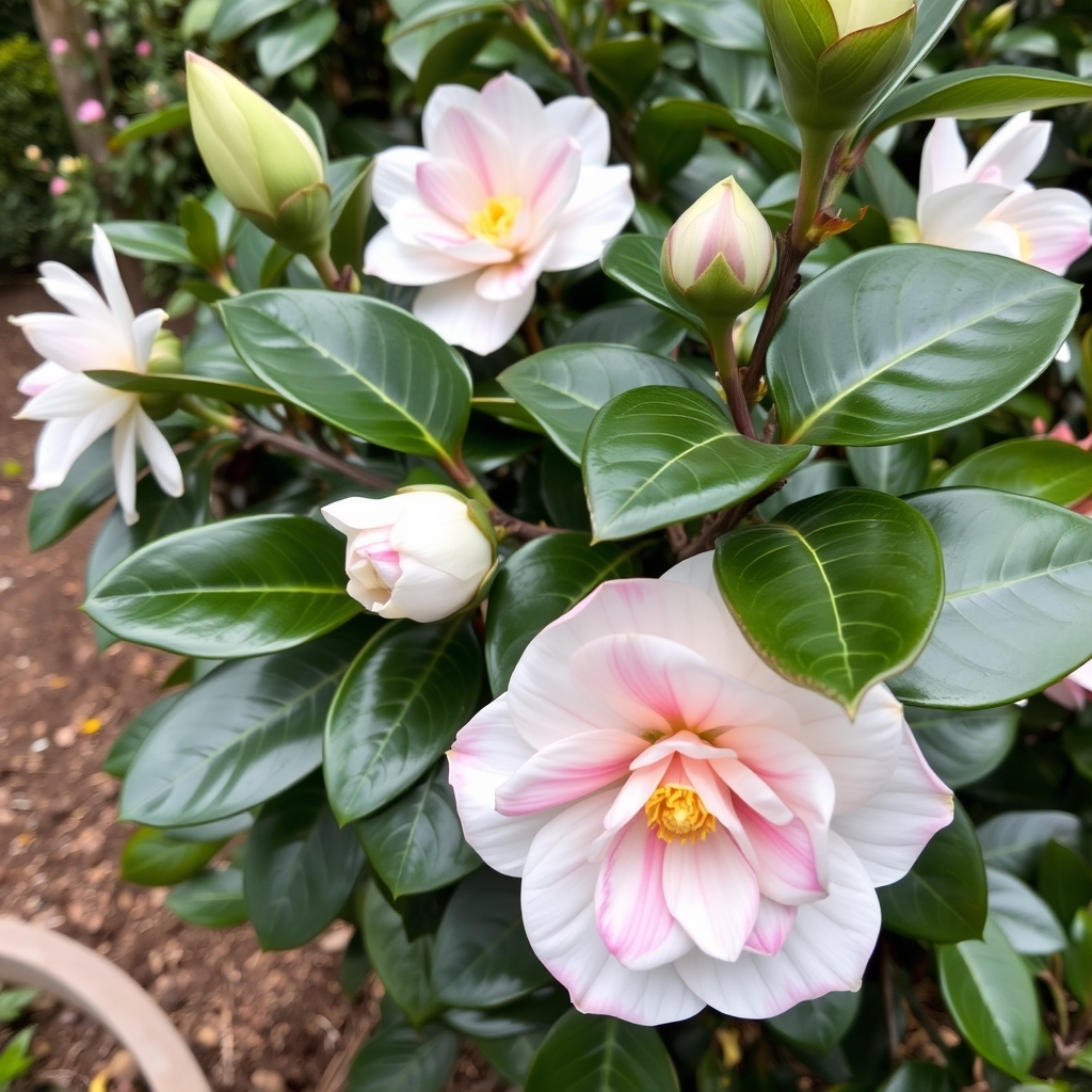 Camellia Japonica White Bicolour in Decorative Metal Pail – Evergreen Flowering Shrub