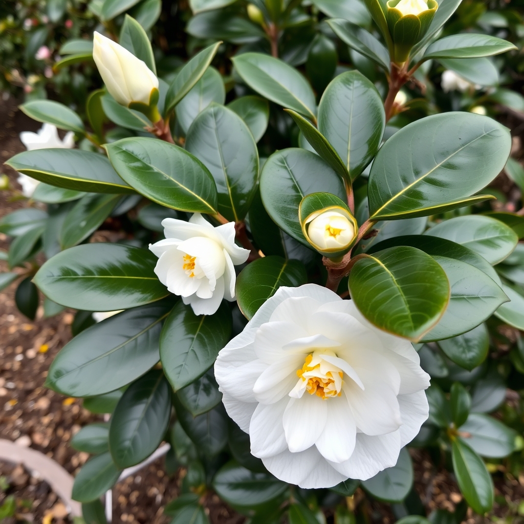Camellia Japonica White in – Evergreen Shrub with Early Blooms