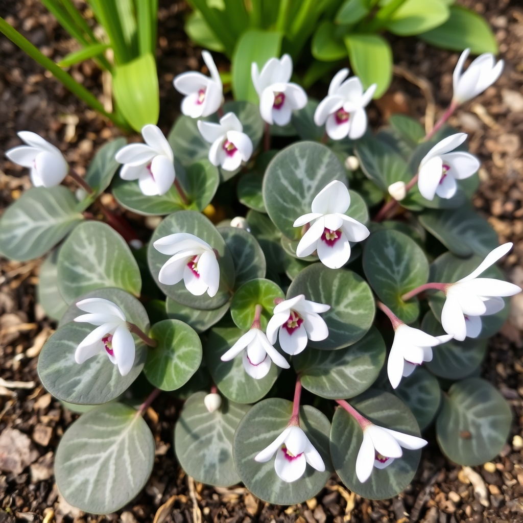 Cyclamen coum Christmas Tree Group white flowers