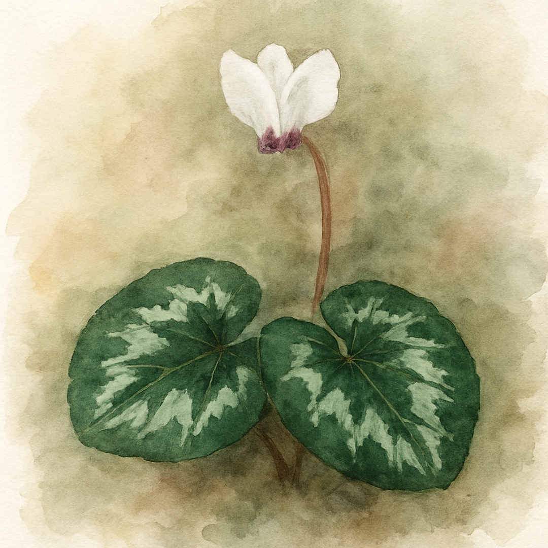 Cyclamen coum Christmas Tree Group white flowers