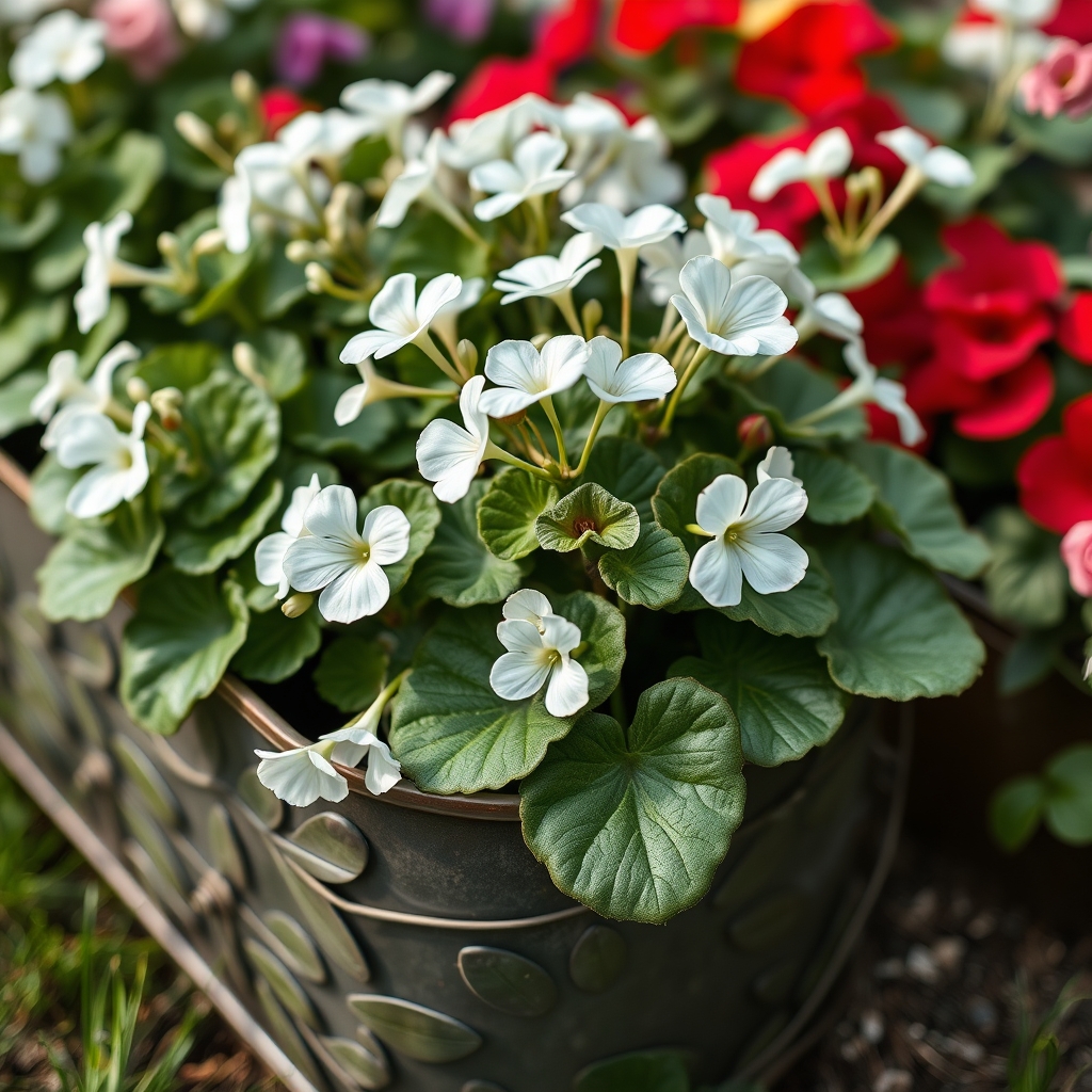White Geranium in Leafy Vine Metal Trough Ready Planted