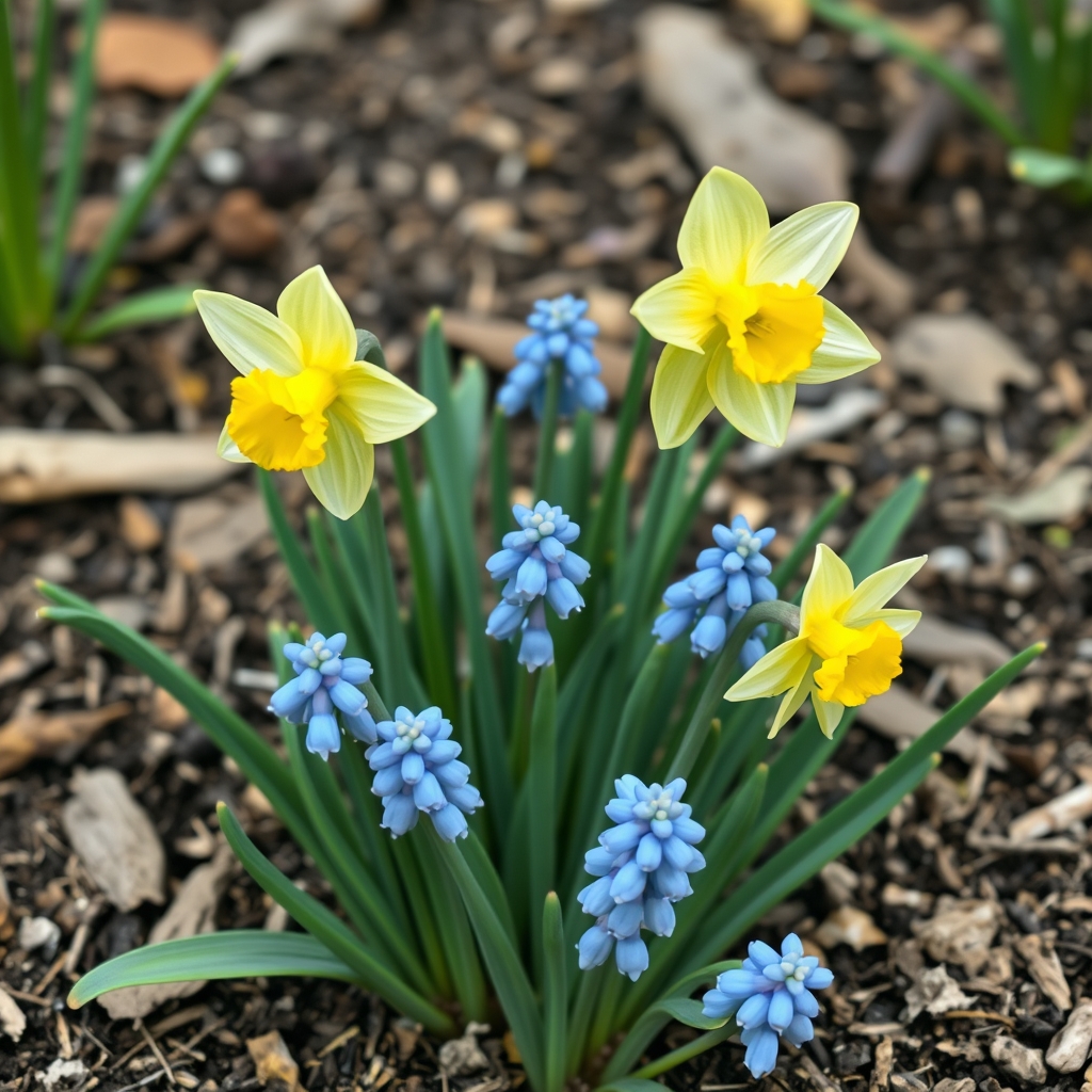 Dwarf Narcissi Pencrebar, Elka with muscari Heavenly Blue