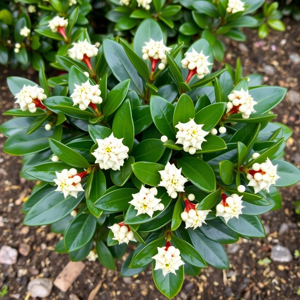 Skimmia × confusa Kew White